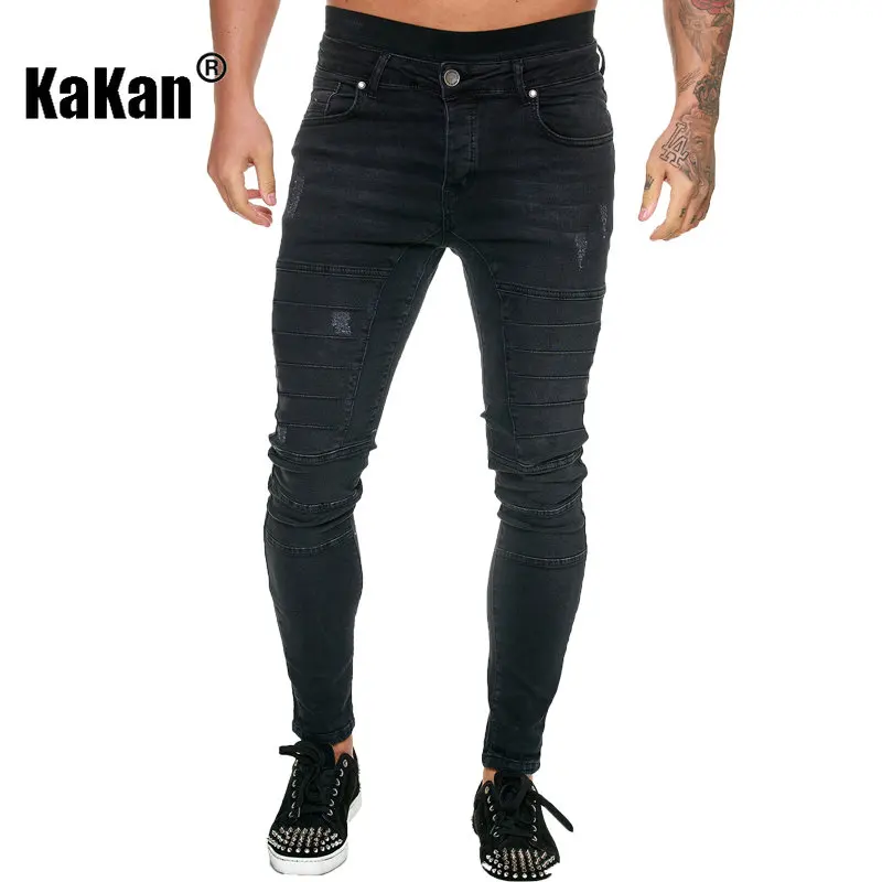 Kakan - Ripped Slimming Motorcycle Men's Jeans, Popular In Europe and America, New Fashion Tights, Black Jeans K016-1977