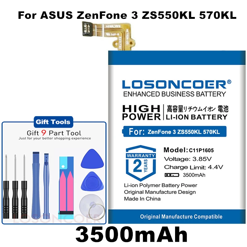 

LOSONCOER 3500mAh C11P1605 Battery For ASUS ZenFone 3 ZS550KL 570KL Z01FD Mobile Phone Free tools Stand Holder Stickers