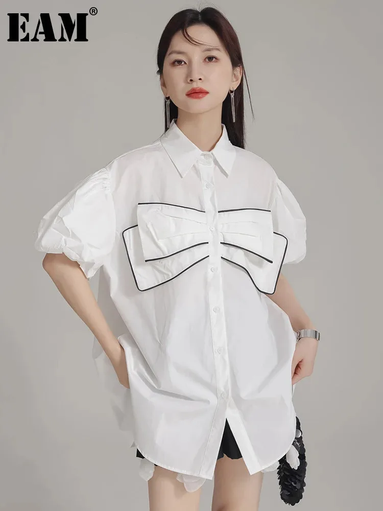 [EAM] Женская белая элегантная блузка с большим бантом большого размера новая