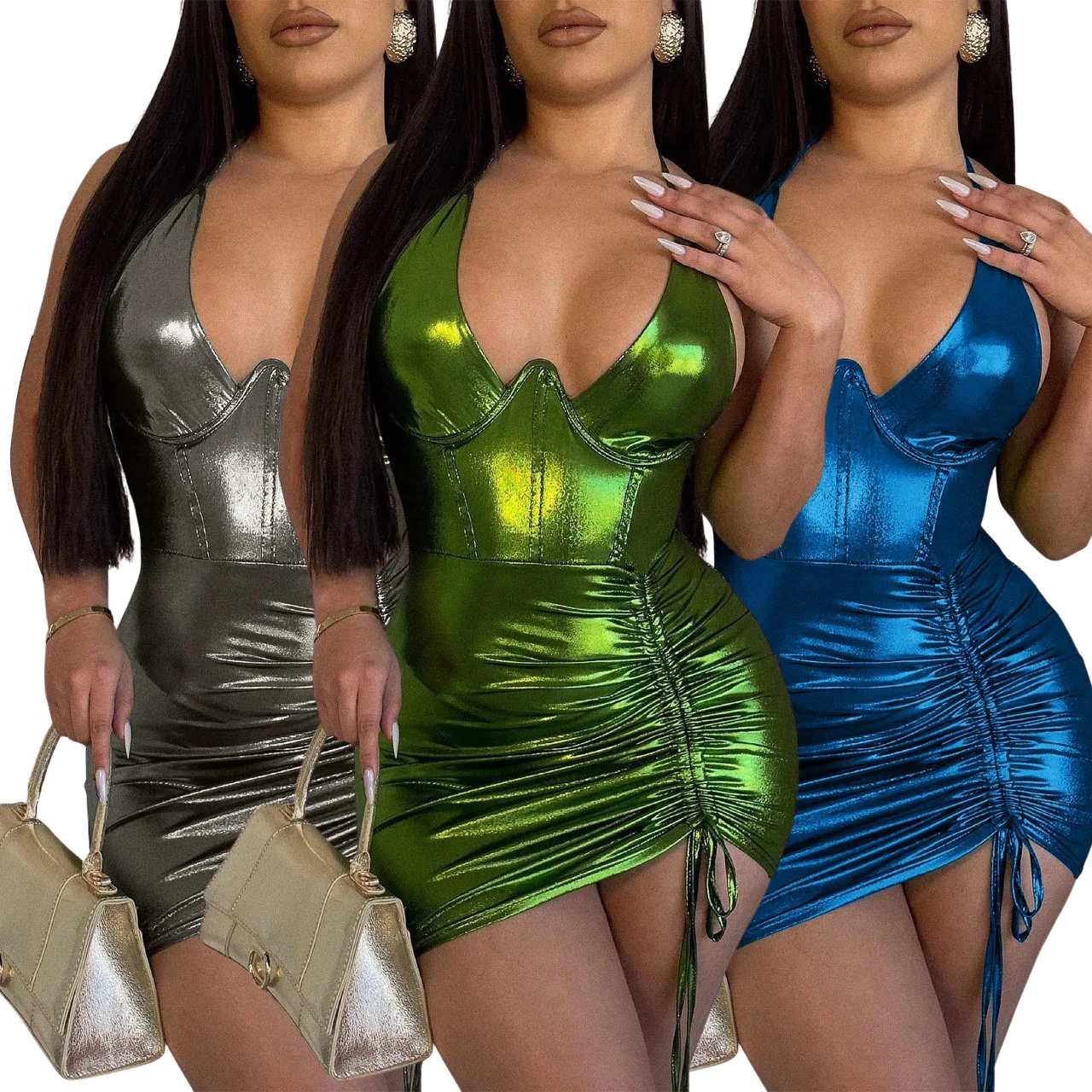 

Sexy Shiny Hanging Neck Dress for Women Summer Hollow Out V Neck Pleated Mini Dress New Bodycon Night Club Party Tight Dresses