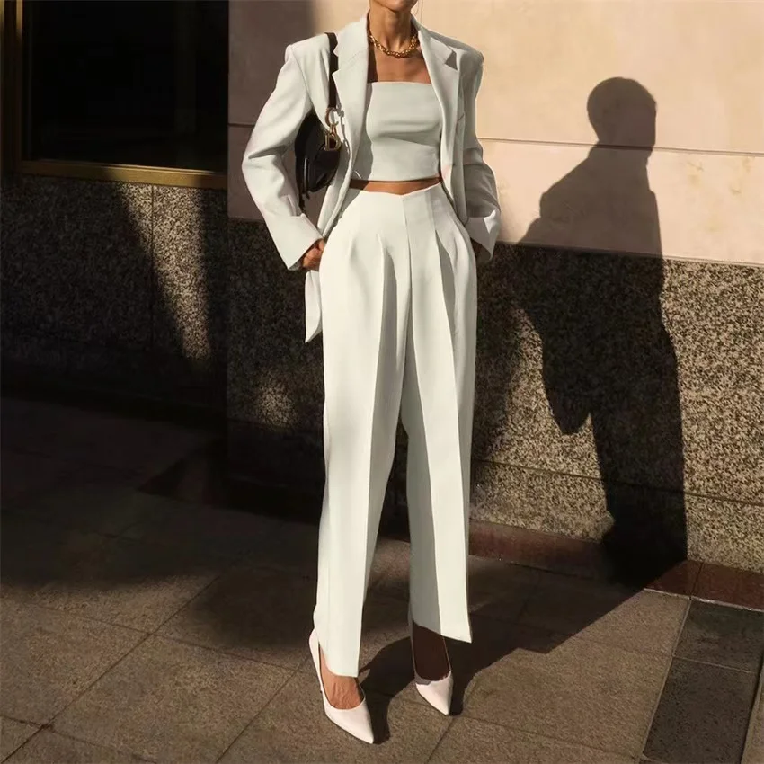 

2022 Women Spring Trousers Suits High Waisted Pant Fashion Office Lady Beige Elegant Casual Famale Stright Pants
