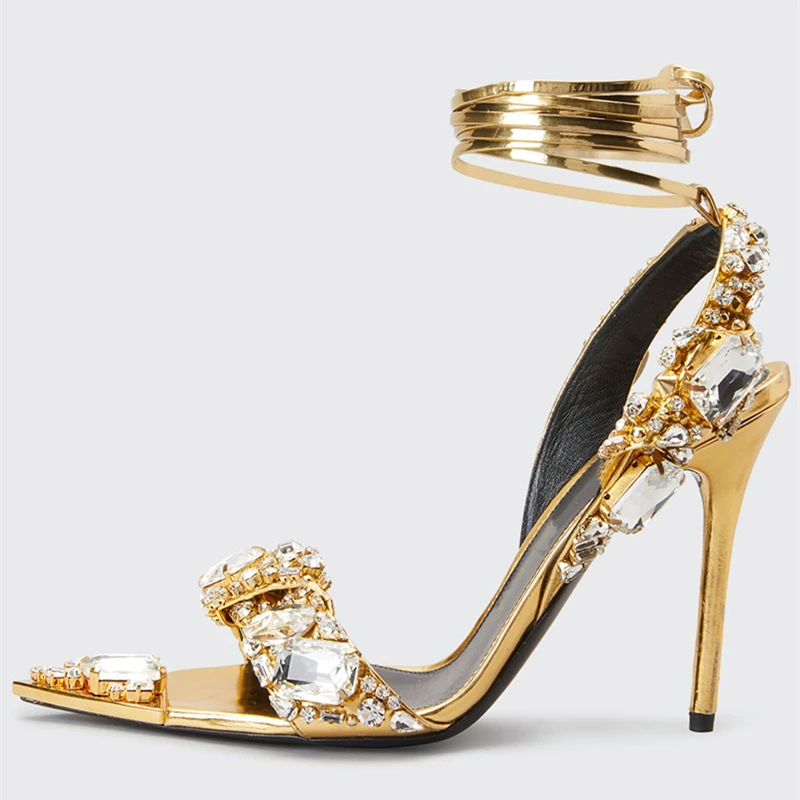 

New Crystal Women Wedding Rhinestone High Heels and Low Heel Ankle Strap Party Pointed Toe Sexy Shoes Candy Color Big Size 43