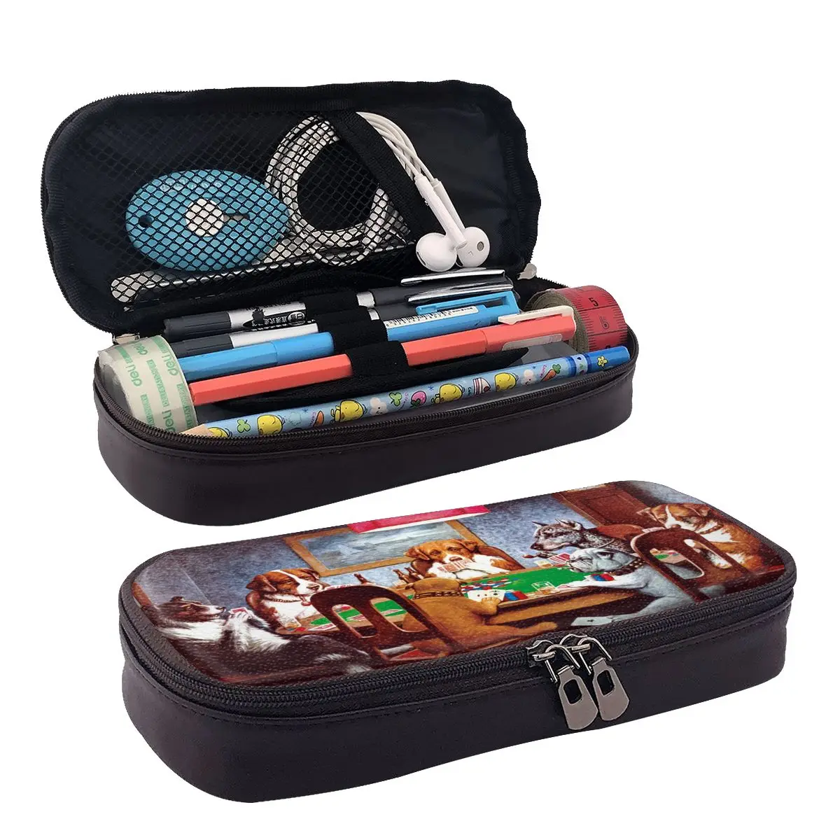 

Dogs Playing Poker Leather Pencil Case Zipper Pencil Box Stationery Pen Pouch for Boys Girls School Students Work Office