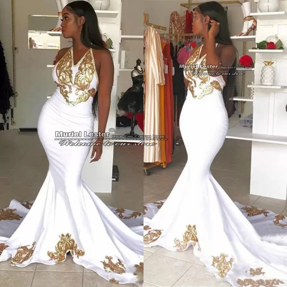 

Arabic Black Girls Mermaid Prom Dress White With Gold Appliques Halter Neck Formal Party Evening Women Long Gowns Plus Size