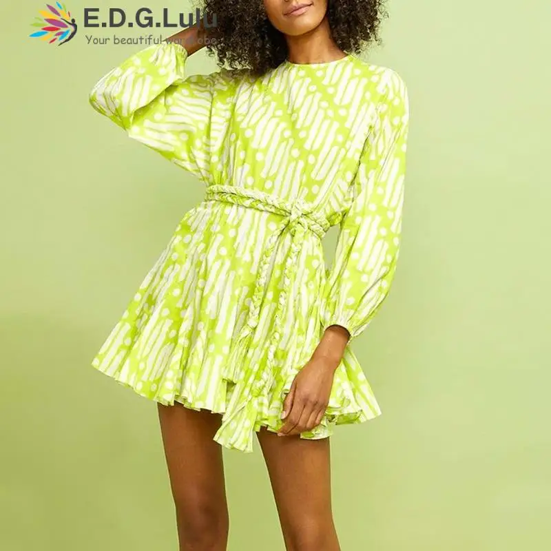 

EDGLuLu Fashion O Neck Lantern Sleeves Printe Dress Hand-woven Belt Ruffle Dress Vestidos Sexy Chic Summer Beach Dress 0608