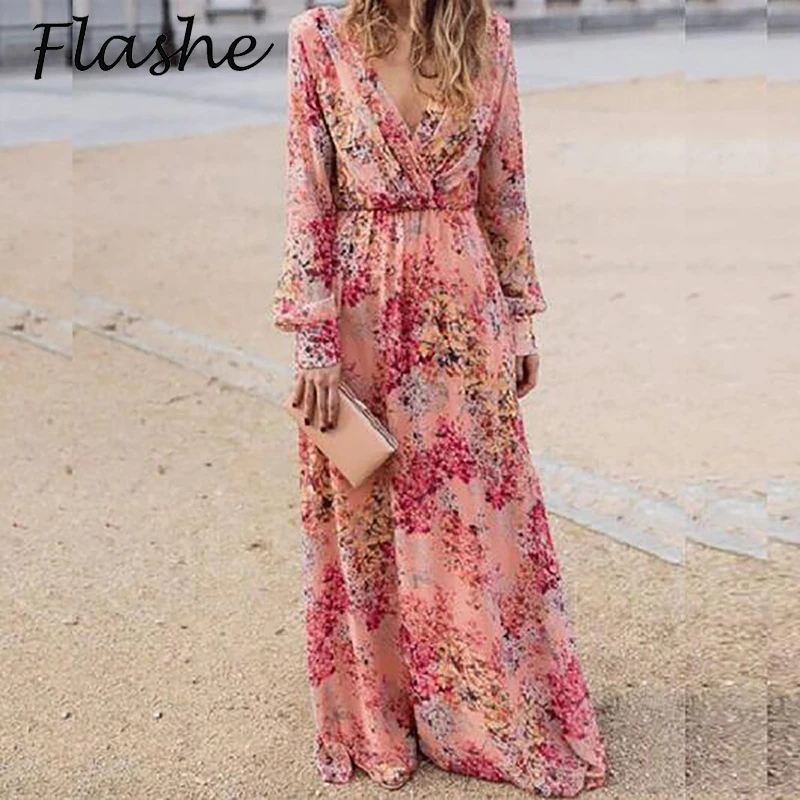 

Summer Floral Print Long Dresses Women Spring V Neck Long Sleeve Maxi Dresses Loose Casual Beach Vestidos Dresses Plus Size