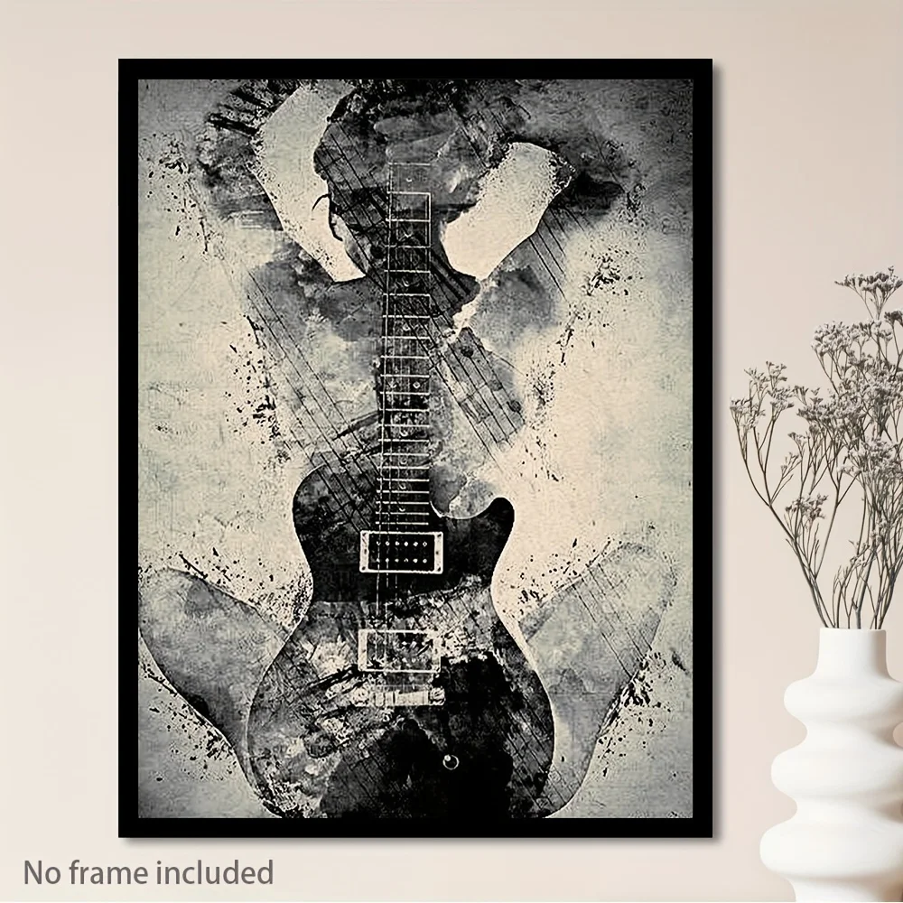 Женская картина тушью с яркой гитарой - безрамное холст современный черно-белый