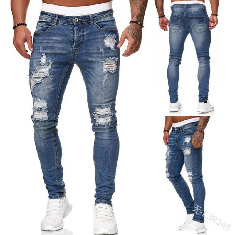 2022Factory Direct Sales European and American Foreign Trade New Ripped Matte White Slim-Fit Denim Trousers Vintage Fashion Skin