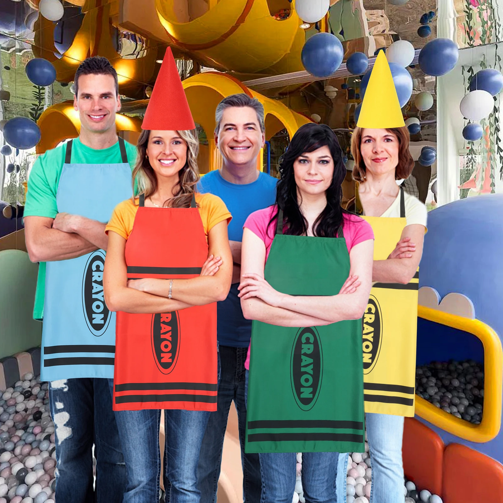 Фото Набор из 7 костюмов-фартуков в стиле Crayon (7 цветов) и забавных шапок-конусов для взрослых и всей семьи на Хэллоуин №2