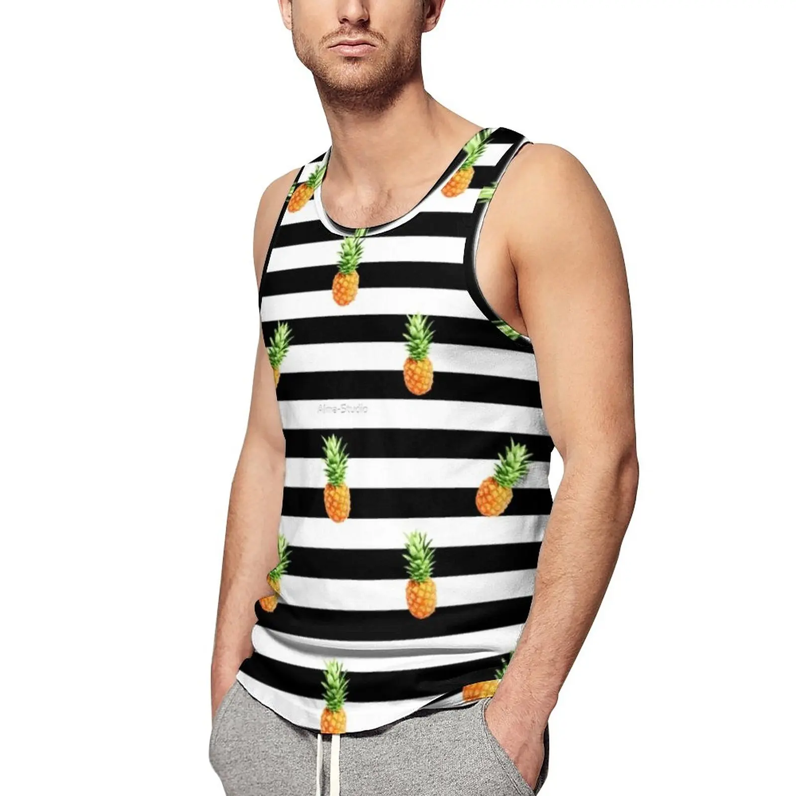 

Cute Pineapple Tank Top Mens Black Stripes Print Gym Oversize Tops Summer Sportswear Graphic Sleeveless Vests