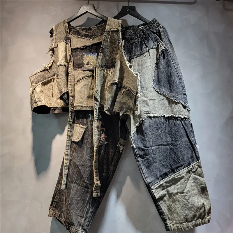 WTHT винтажные модные женские костюмы в стиле пэчворк бандажный джинсовый жилет