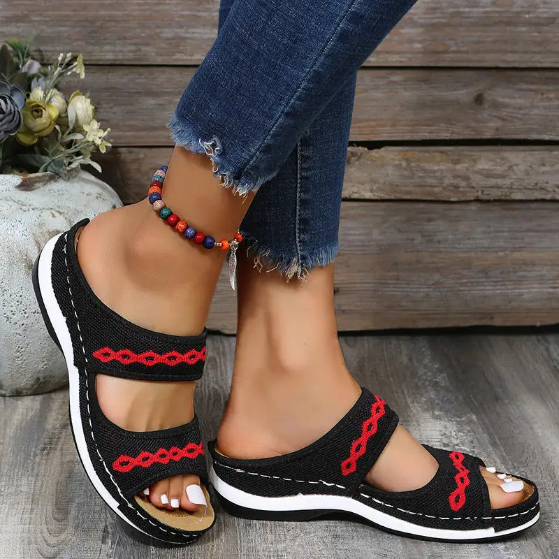2023 Summer Slope Heel Embroidered Sandals Women's Casual Lightweight Breathable Sandals Wear Double Row Sandals Outside