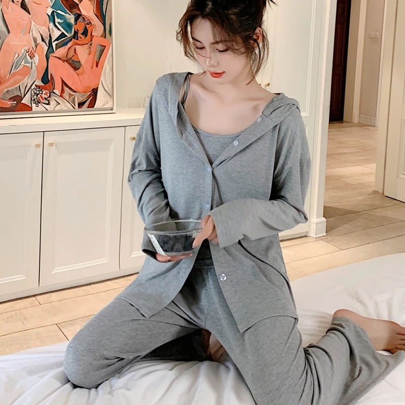 Women Pajamas Three Piece Set Camisole Cardigan Spring New 2022 Solid Simple Homewear Comfortable Casual Sleepwear Suit