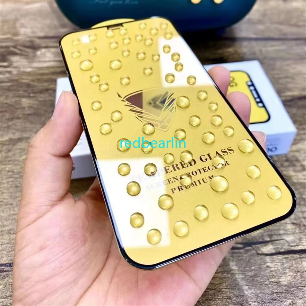 50Pcs Golden Armor Gold Full Glue Tempered Glass for iPhone 14 13 12 Pro Max 9H 0.3mm Full Cover Glass Screen Protector