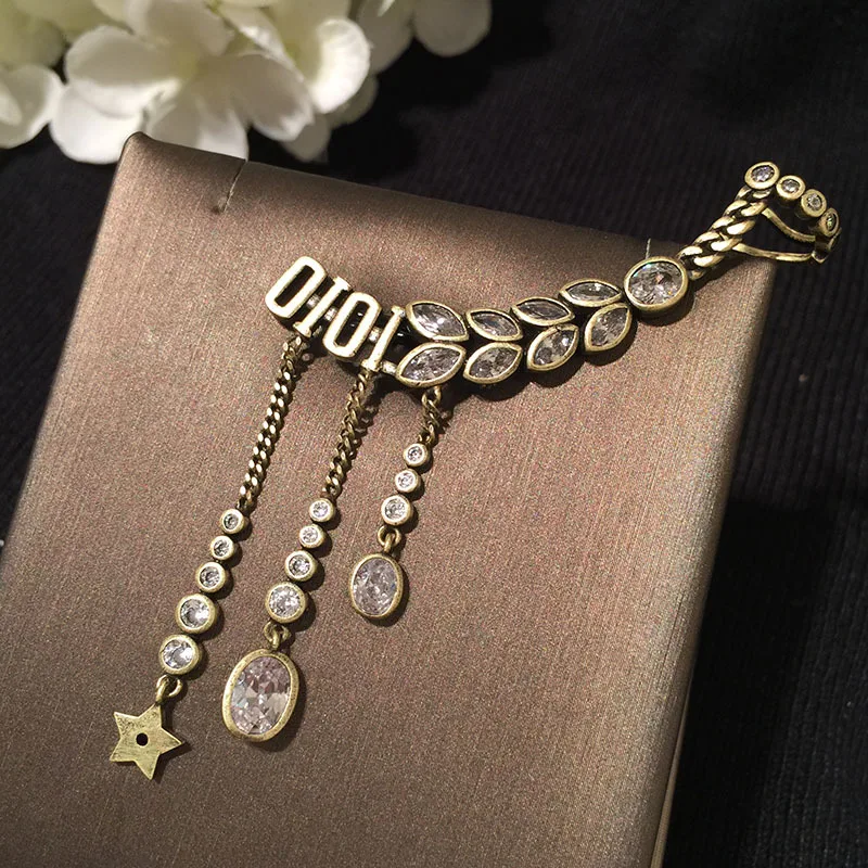

S925 silver needle retro old fashion star tassel earrings single left ear wheat ear micro-set zircon ear bone clip