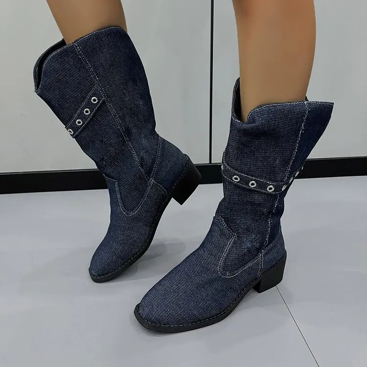 

2023 Cowboy Women Mid Calf Chelsea Boots Winter New Mid Heels Shoes Square Toe Motorcycle Boots Chunky Goth Snow Pumps Botas