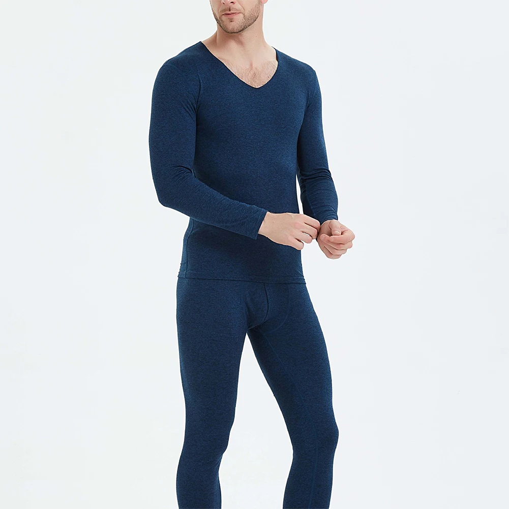 

Men's Winter Thermal Long Johns Set Long Sleeve Tops Bottoms Underwear Set V Neck Solid Color Thermal Underwear Suit