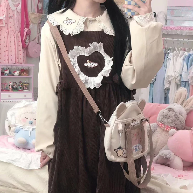 

Kawaii Sanrio Cinnamoroll Loose Brown Corduroy Shirt Dress Set Clothing Cute Beauty Autumn Winter Comfortable Long-sleeved Dress