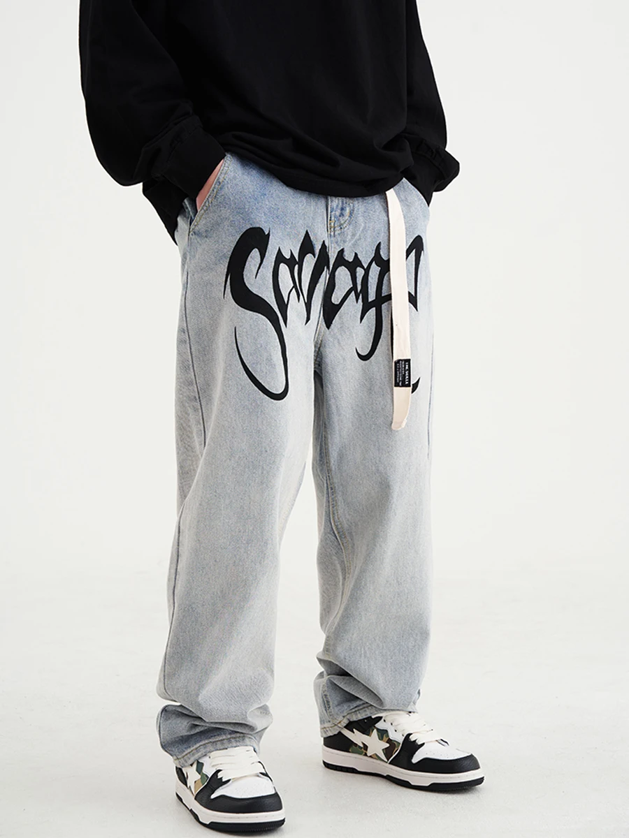 Four Seasons Solid Color Jeans Men's Letter Print Trend Loose Retro High Street Pants Fashion Streetwear Men Ins Hot Sale JEANS
