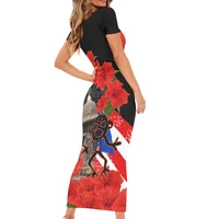 Puerto Rican Pattern Hibiscus Black Red Women Maxi Dress Vintage Ethnic Clothing Hawaii Short Sleeve Party Robe Tattoo Female
