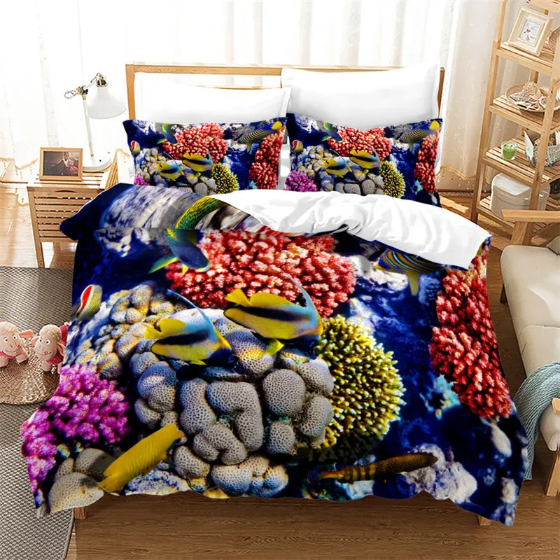 

Microfiber Marine Theme Bedding Set Kids Cartoon Ocean Fish Duvet Cover Sea Underwater World Quilt Cover Queen For Boys Girls
