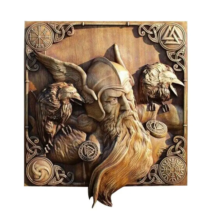 

Wood Odin Ravens Viking Mythology Icon Wall Sculptures Norse Wood Pagan Gods Carving Wall Hanging Decor For Home & Kitchen