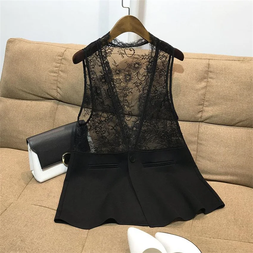 

New Women Single Button Vest Fashion Lady Solid Lace Suit Vests Big Size Female Slim Sleeveless Coat Jacket Short Paragraph 2175