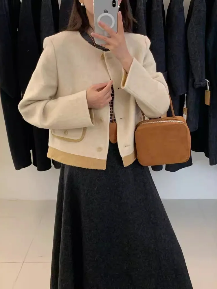 UCXQ Модная короткая куртка в европейском стиле с круглым вырезом и карманами