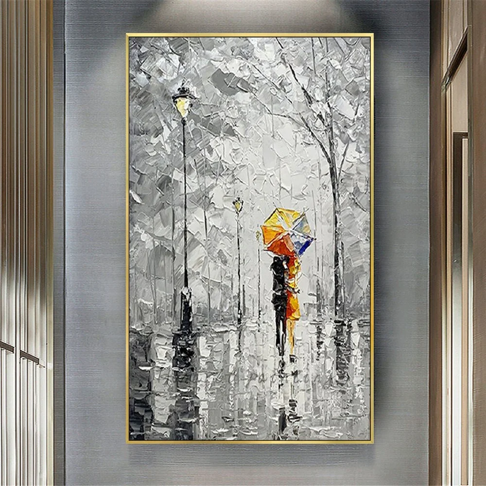 

Large Size 100% Handmade Oil Painting On Canvas Modern City Building Landscape Road People Walking Wall Art Picture Decor Home