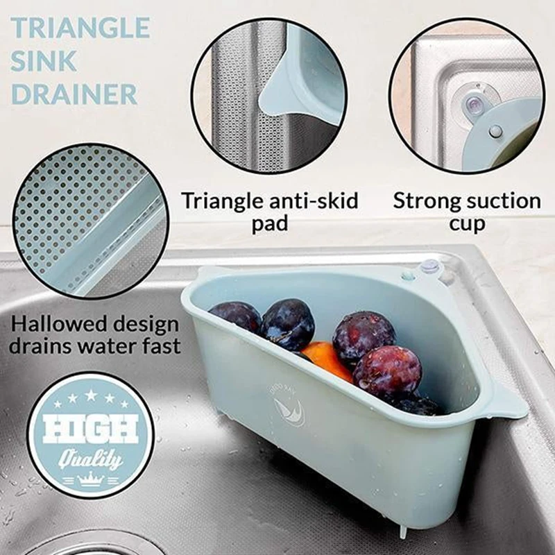 

Kitchen Triangle Sink Drain Shelf Fruit Vegetable Drainer Sponge Rack Storage Basket Suction Cup Multi-use Sink Filter Strainer