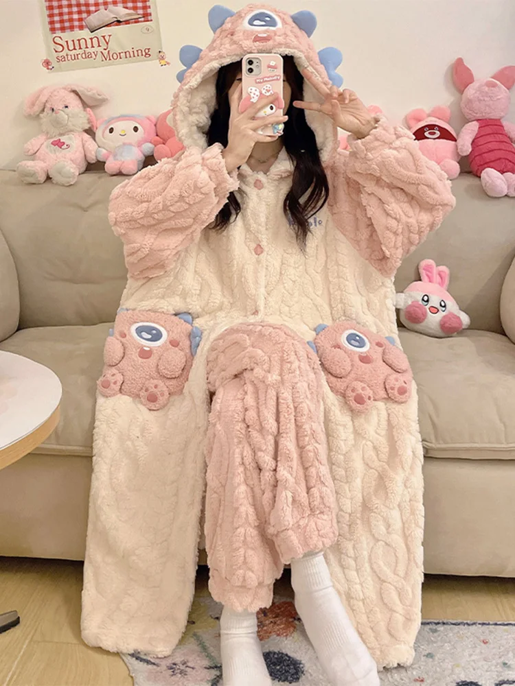 Coral Fleece Pajamas Autumn and Winter Women Thickened Cartoon Cute Hood Long sleeve Nightgown Flannel Home Wear Set