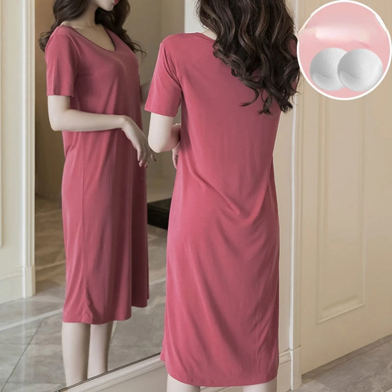 Women's Pajamas with Chest Pads Short Sleeve Robe Sexy Korean Retro Dress with Thin Chest Pads Thin Solid Color Pajamas Za New