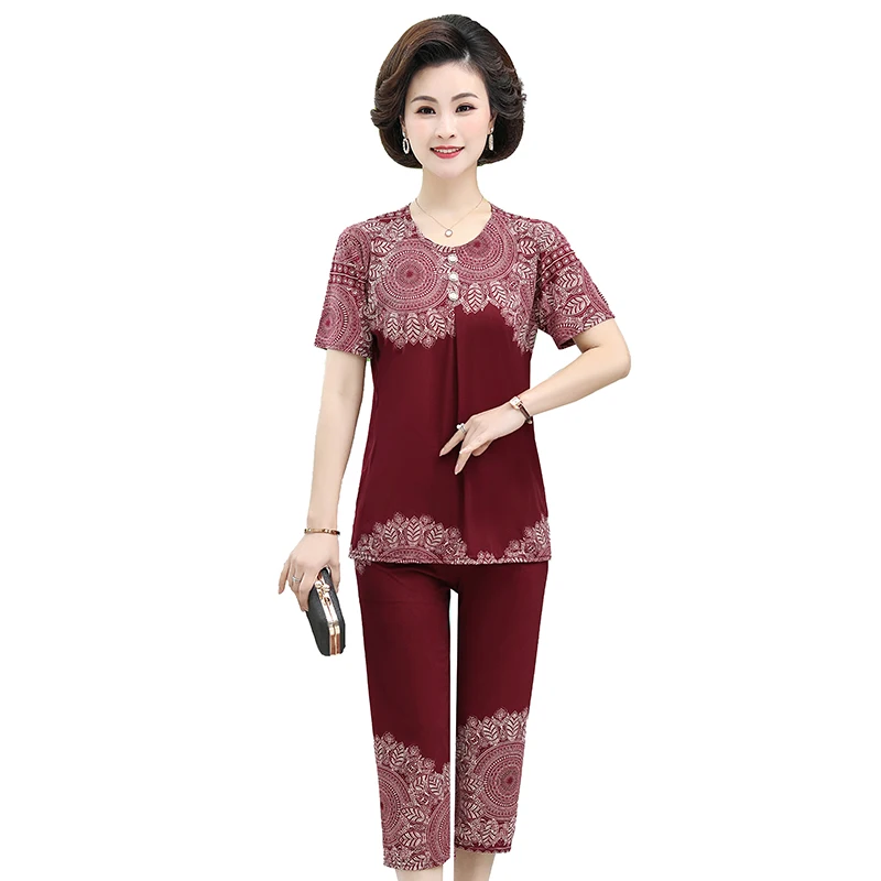 

2022 NEW Summer Two Piece Set Womens Printed O Neck Short Sleeve T-shirt & Pants Sets Middle-aged Big Size Loose Tracksuit