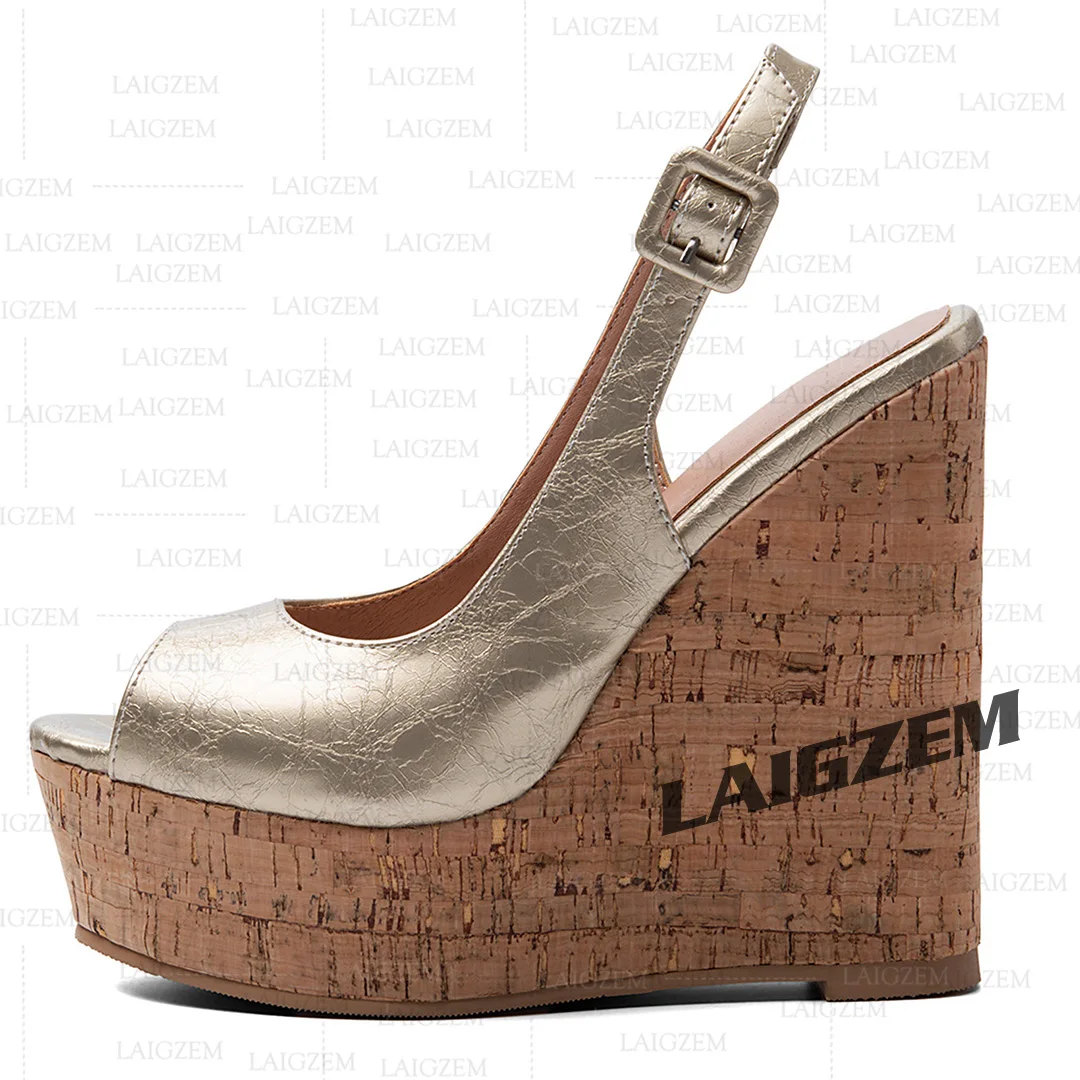 Фото Женские сандалии LAIGZEM на платформе, с открытым носком, с ремешком на щиколотке, туфли-слингбэки, вечерние туфли ручной работы, женская обувь больших размеров 43, 50, 52 №2