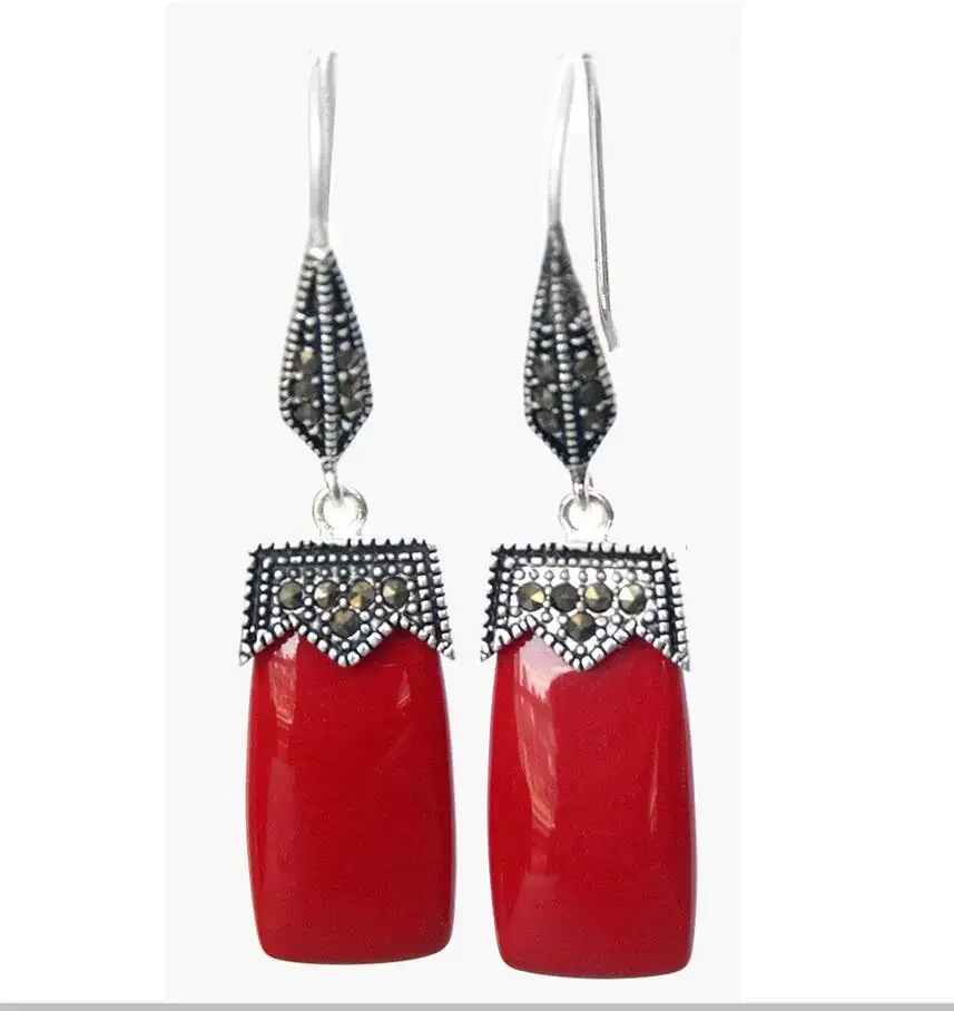 СЕРЕГИ С КРАСНЫМ КОРАЛЛОМ СЕРЕБРО 925 И МАРКАЗИТ 2 ДЮЙМА