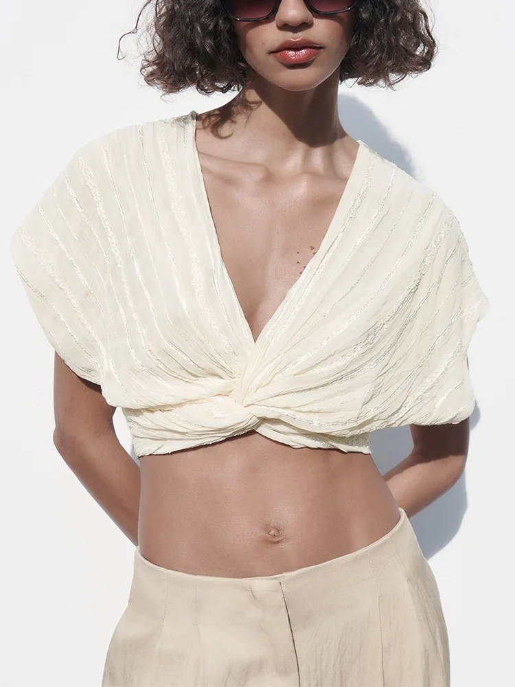 

Летняя одежда для женщин, топы и блузки, мода 2023, укороченный топ с узлом спереди, v-образный вырез, короткий рукав, кружевная отделка, укороченная блузка