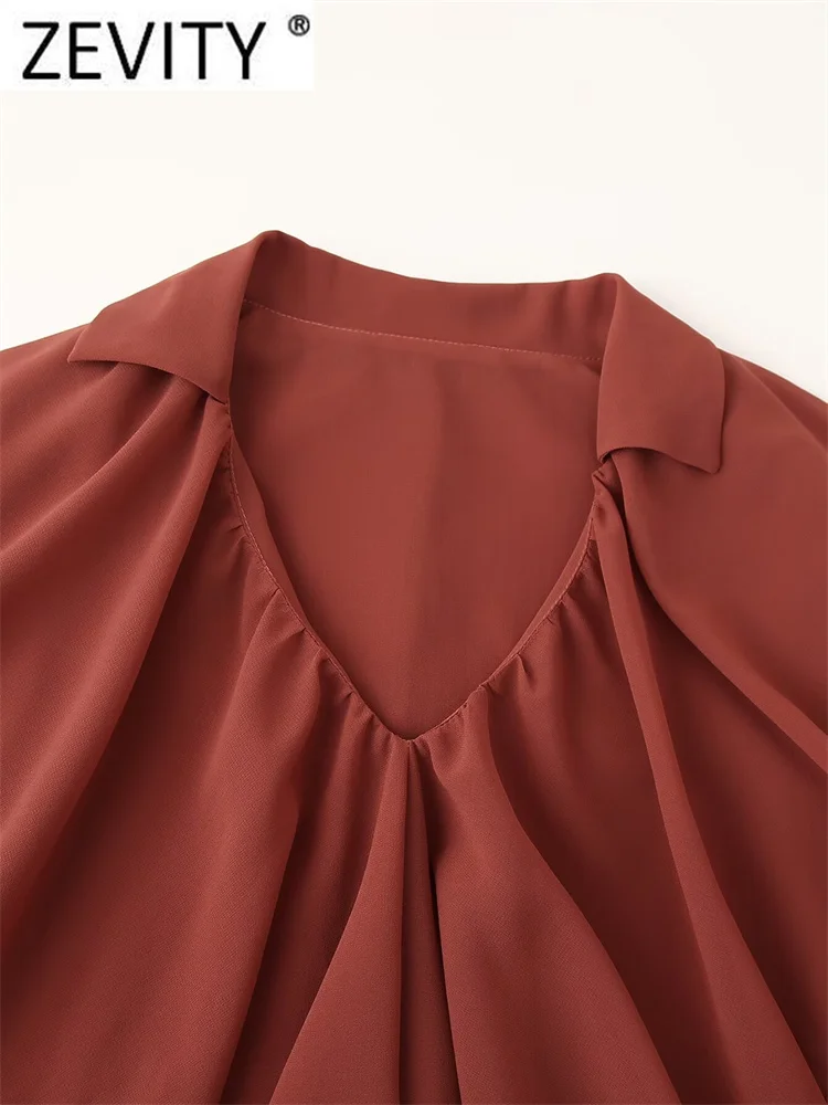 Zevity женская мода с v-образным вырезом и складками оборками однотонная шифоновая