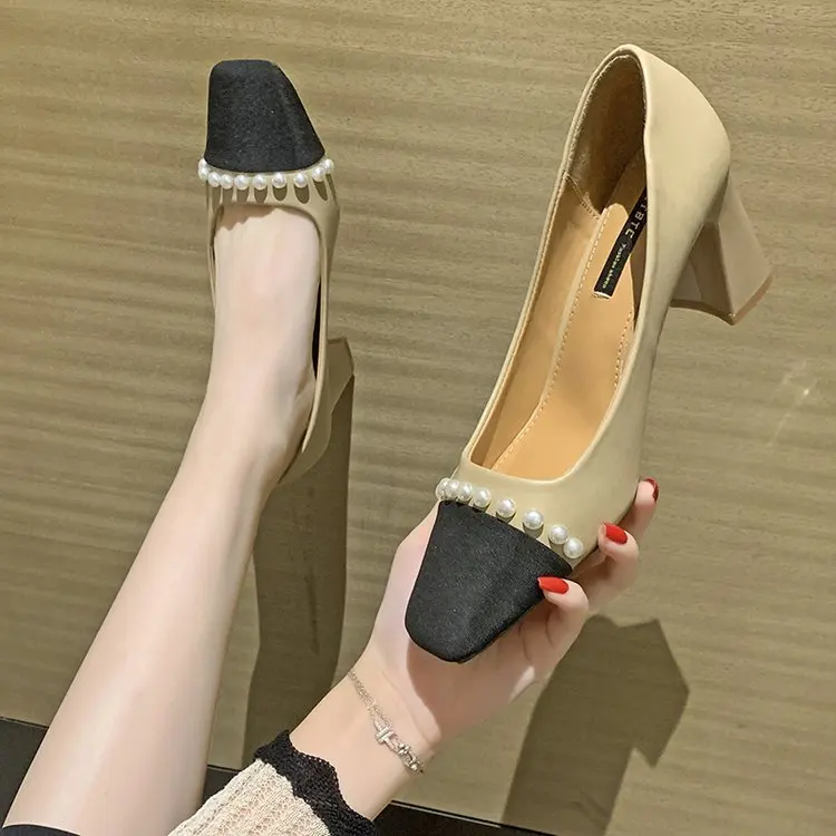 

Звездный стиль весна-осень 2022 Новый Baotou на Высоком толстом каблуке квадратный носок смешанные цвета дизайнерский высокий каблук