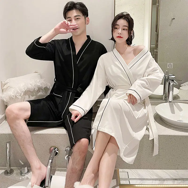 Couple's Nightgown Long Sleeve Pure Cotton Simple Solid Color Girls Comfortable Loose Men's Medium Length Pajamas Bathrobe