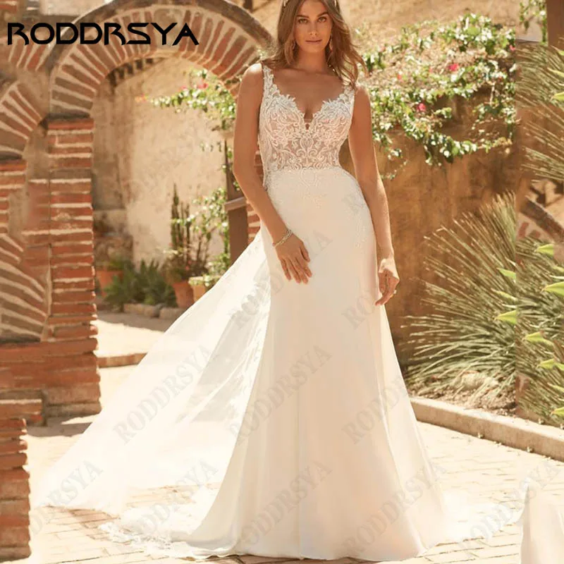 

Женское атласное свадебное платье Oyisha, с открытой спиной и аппликацией, с V-образным вырезом, без рукавов, свадебное платье, атласное платье-русалка, на заказ Свадебное платье для женщин без спины с атласными апплик