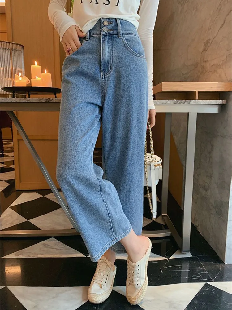 

Korean Jeans Women Ankle Length Wide-leg Solid Vintage Trousers Preppy Basic Spring Summer All-match Leisure Streetwear
