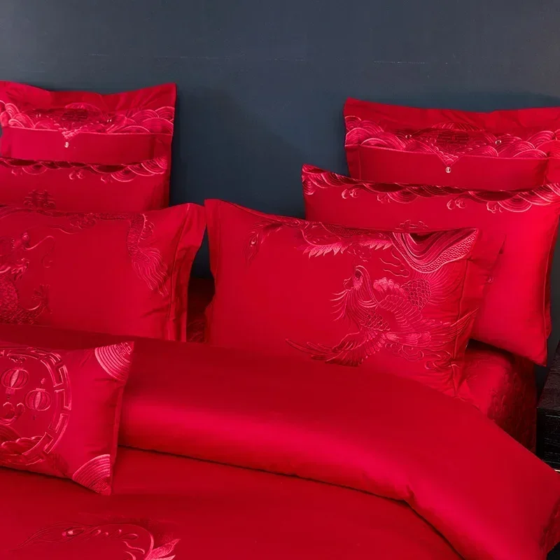 Жаккардовый атласный комплект постельного белья с вышивкой Loong Phoenix роскошное