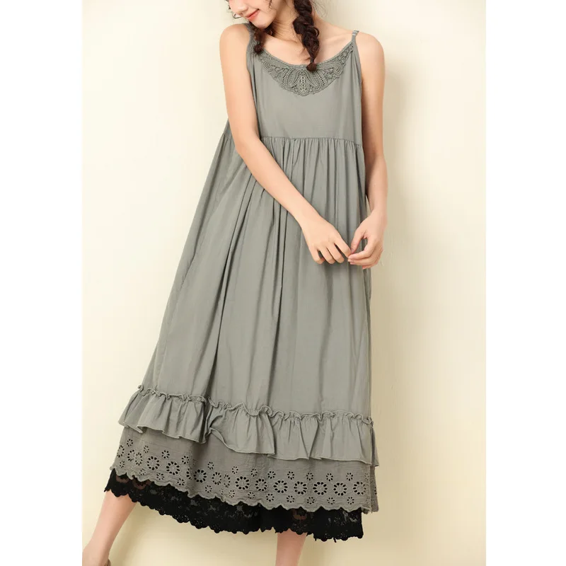 

Solid color vintage sleeveless cotton spaghetti straps elegant women's dress 2023 summer new lace ruffle loose swing dress