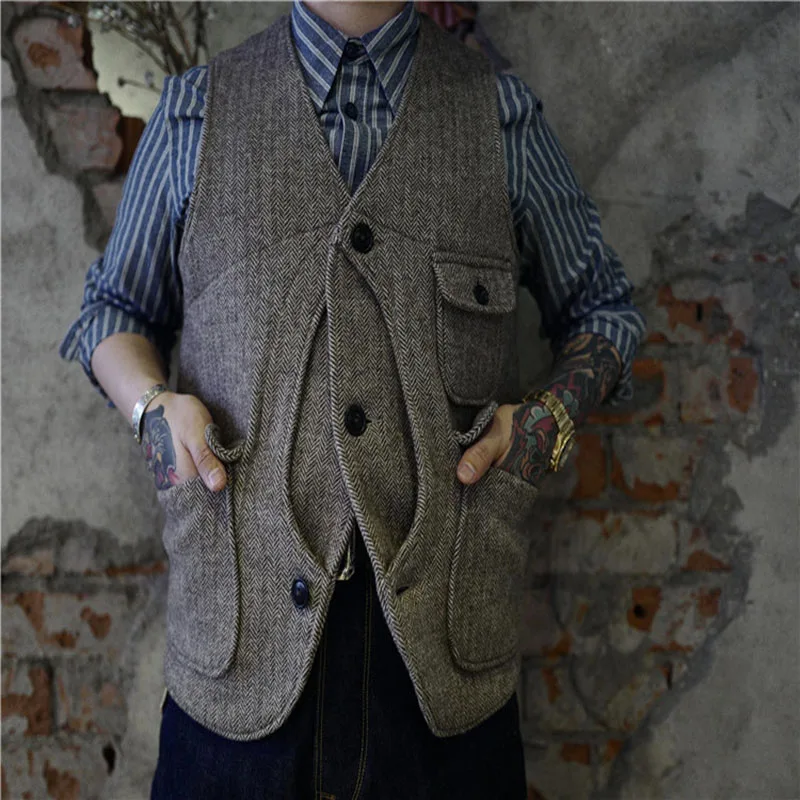 

Men's Suit Vest Dark Gray Brown V Neck Wedding Herringbone Tweed 3 Pocket Retro Tooling Waistcoat colete masculino for Men 2022