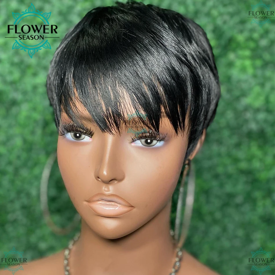 

Short Summer Bob Wig Virgin Human Hair With Bangs Cheap Machine Brazilian Hair Straight Pixie Cut Wig For Women Flowerseason