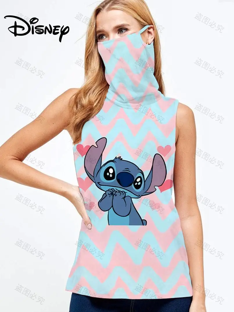 

High Neck Y2k Cool Sexy Lilo & Stitch 3D T Shirt Disney Sunscreen Beach Dress Summer Top Dustproof Fashion With Mask Sleeveless