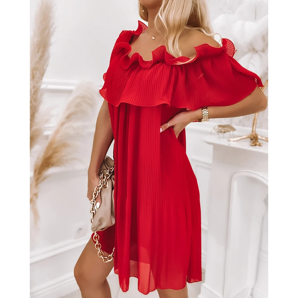 

2022 Summer Autumn Casual Asymmetrical Female Dress Cold Shoulder Ruched Ruffles Swing Women Short Sleeve Sexy Red Dress