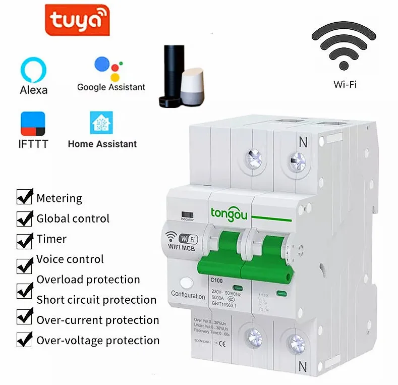 

Tuya 2P Wifi Smart Circuit Breaker,Smart Home With Measurement Current Protection Wireless TONGOU Switch Voice App,Via Alexa