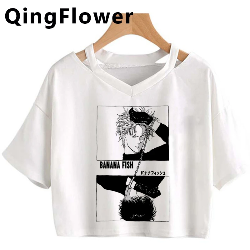 Футболка женская с забавным японским аниме принтом бананов и рыбок уличная