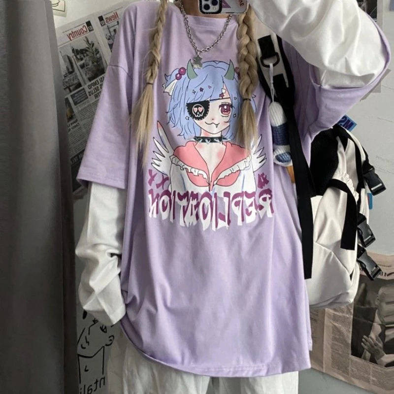 

Футболка HOUZHOU с аниме, женские свободные футболки в стиле Харадзюку, футболки из двух частей, уличная одежда, топы в стиле гранж с длинным рук...